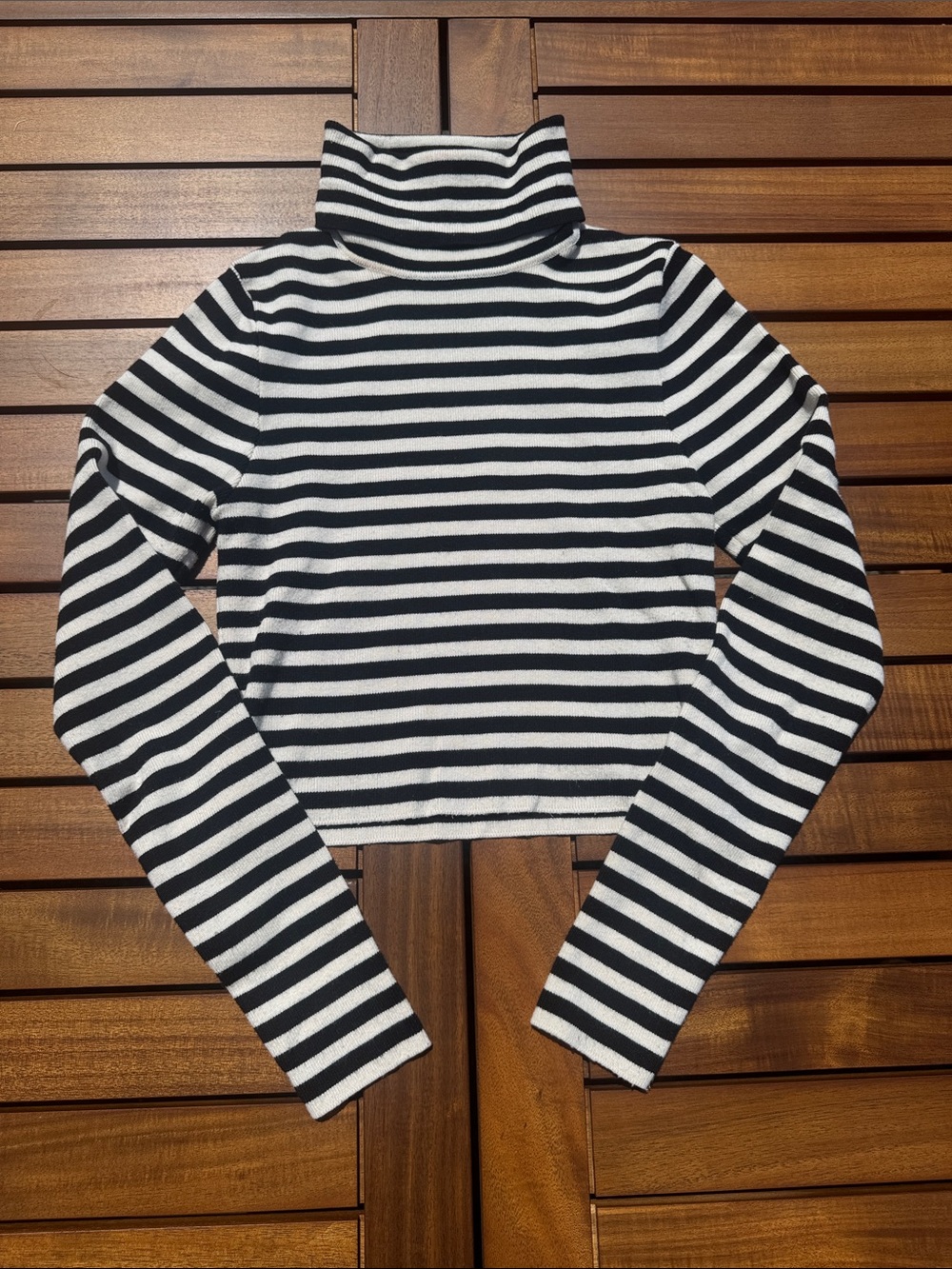 Olivaceous Black and White Striped Turtleneck Sweater